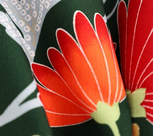 卒業式袴レンタルNo.758[2Lサイズ][レトロモダン]深緑・赤オレンジ菊